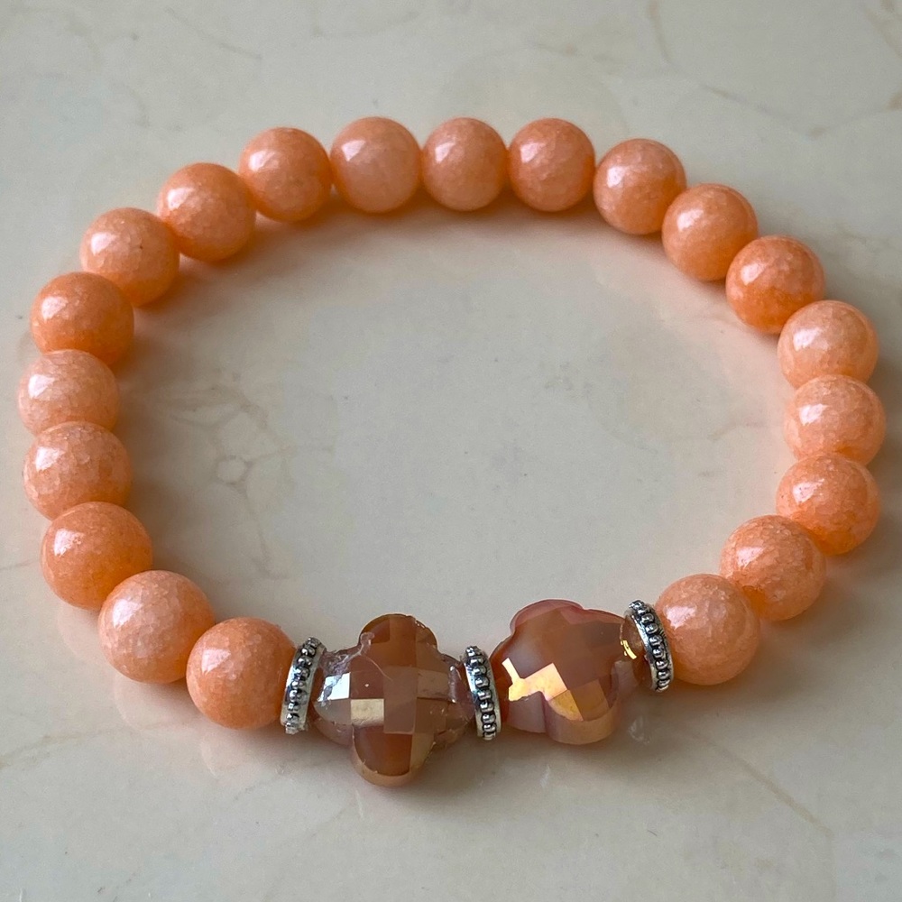 Coral Jade Stretch Bracelet with Faceted AB Crystals
